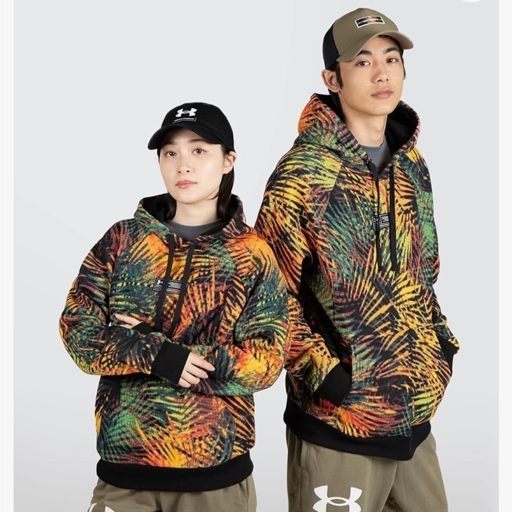 Under Armour Men’s Medium Rival Fleece Hoodie Tropical Palm Print Pulse Orange